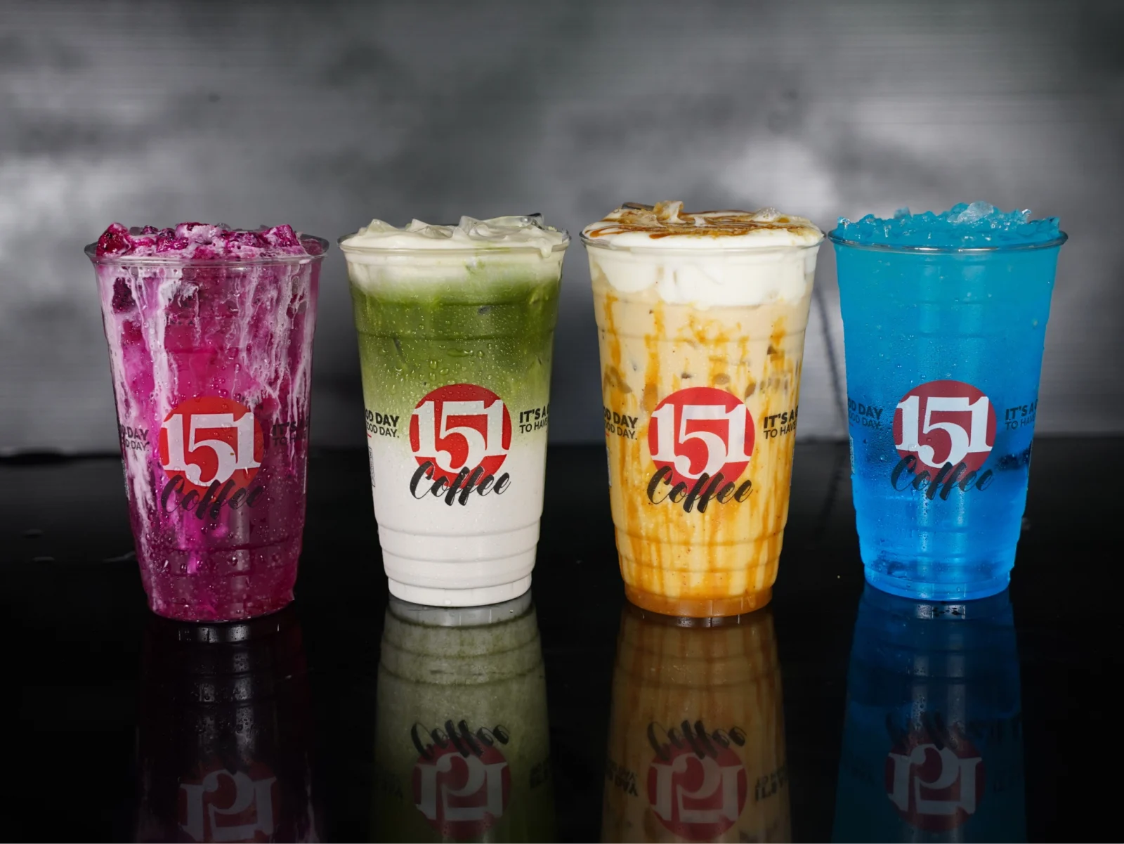 Four colorful 151 Coffee specialty drinks