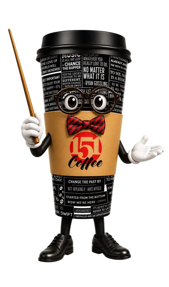 151 Coffee cup teacher wearing glasses and a bow tie while holding a classroom pointer