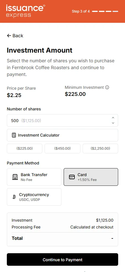 Issuance Express investor checkout on a phone, step 3 of 4: investment amount for Fernbrook Coffee Roasters with bank transfer, card, and cryptocurrency payment options