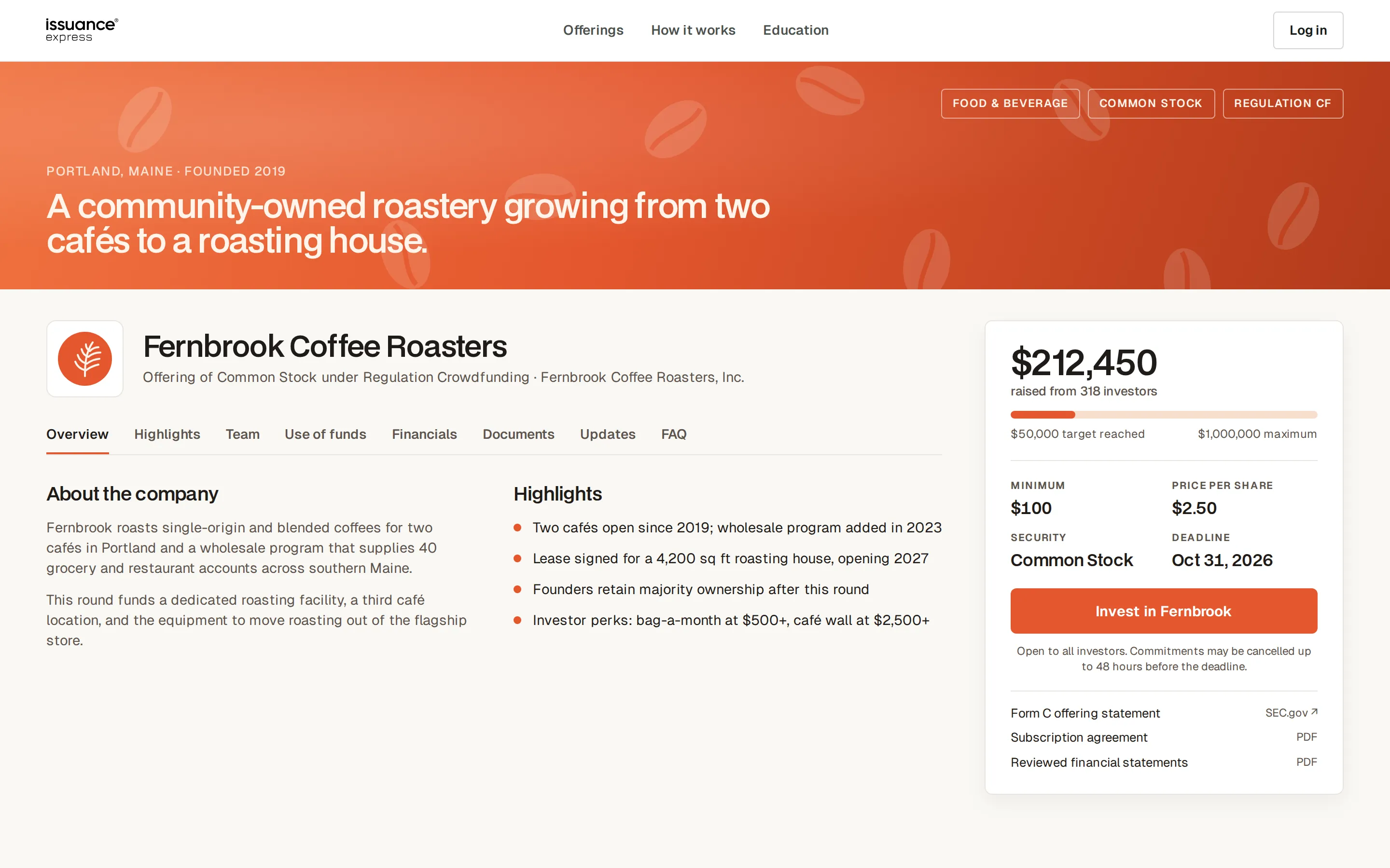 Issuance Express deal page for Fernbrook Coffee Roasters, a fictional issuer: hero, offering summary, and an invest panel showing amount raised, minimum, share price, and deadline