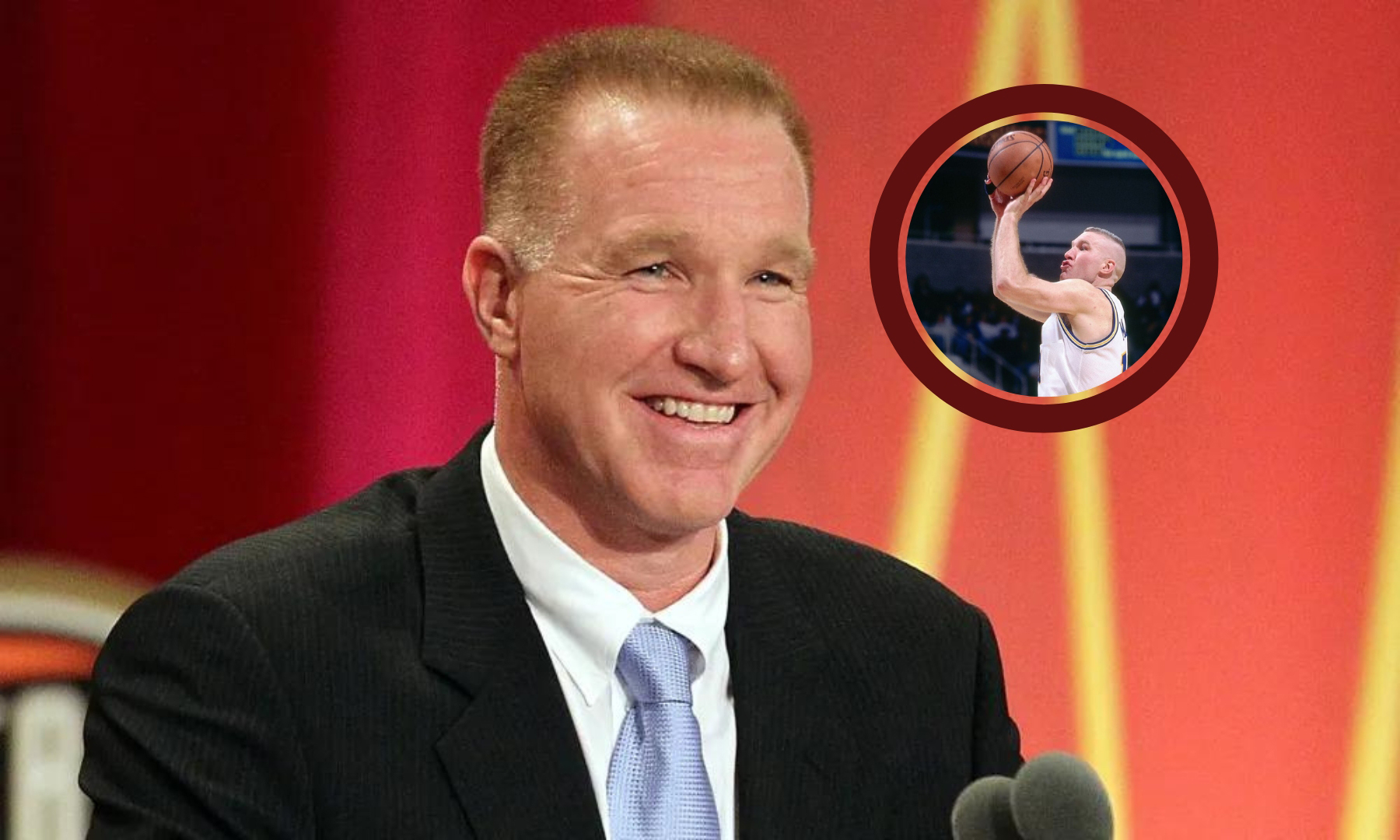 Image of Chris Mullin during an interview with an inset image of Chris playing basketball